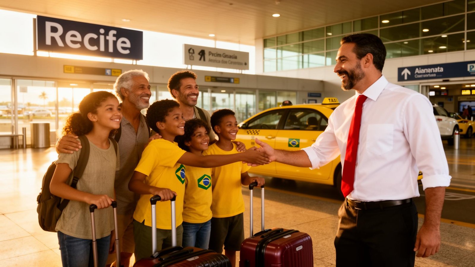 Família sendo recebida no Aeroporto do Recife pela COOPSETA